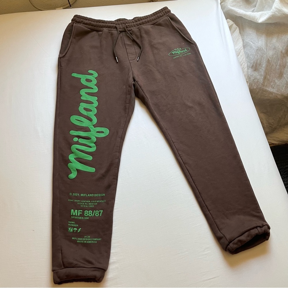 MIFLAND brown logo text font graphic elastic waist knit jogger sweat pants